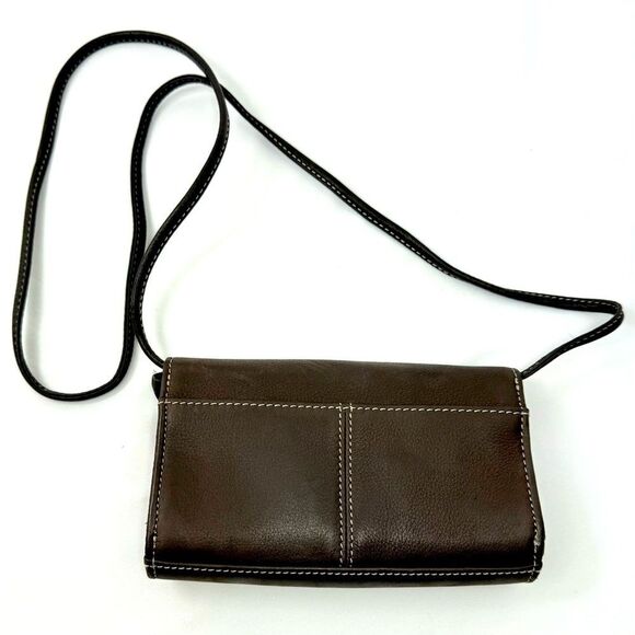 Fossil Brown Leather Exposed Stitch Trifold Crossbody Organizer Wallet Mini Bag - Picture 5 of 16
